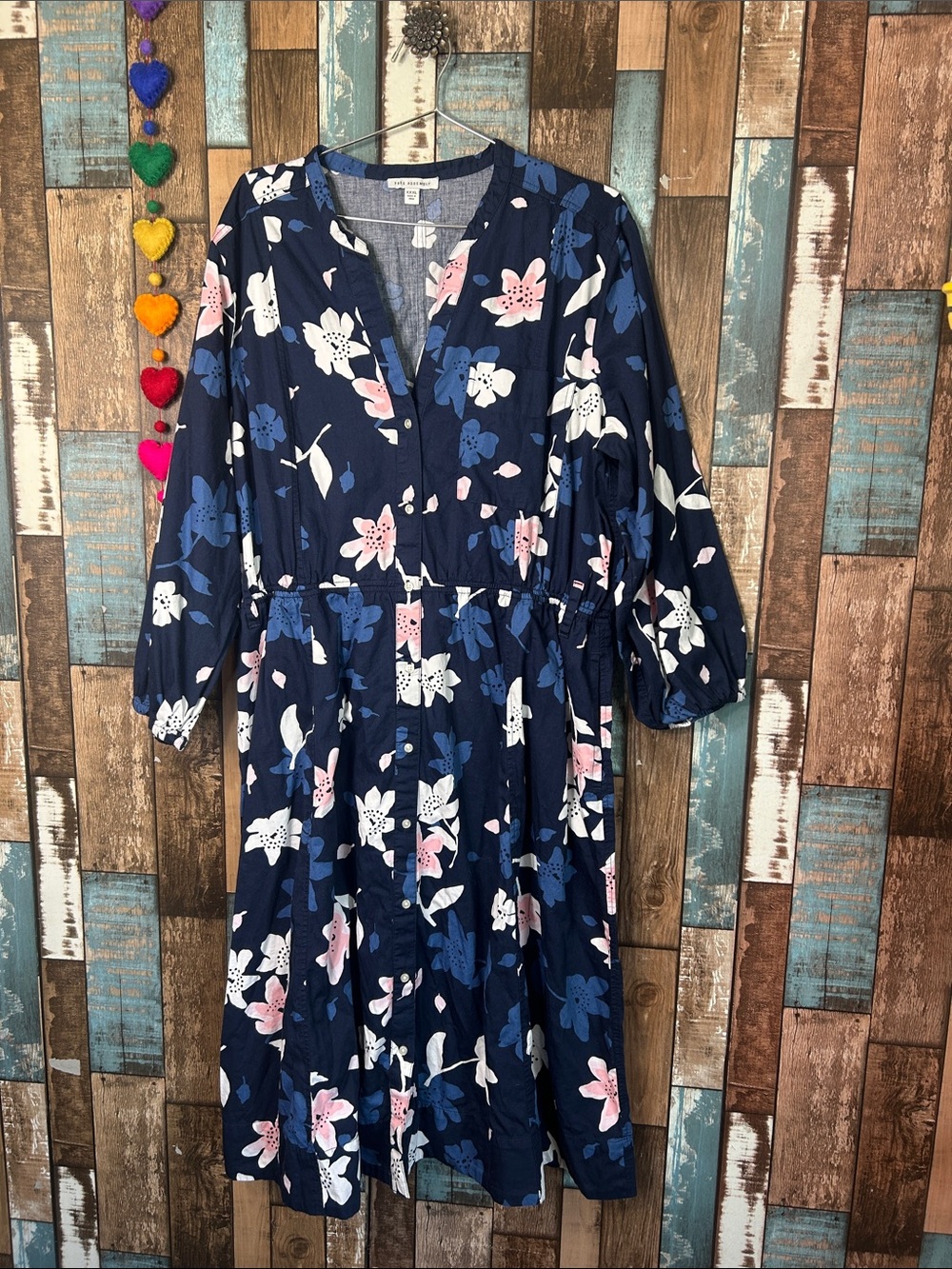 Women's Navy Floral V-Neck Midi Dress with Pink & White Blooms